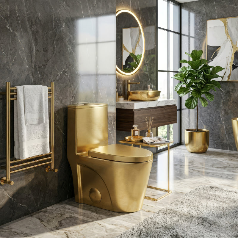 Dual-Flush Elongated One-Piece Toilet with High Efficiency Flush, Shiny Gold