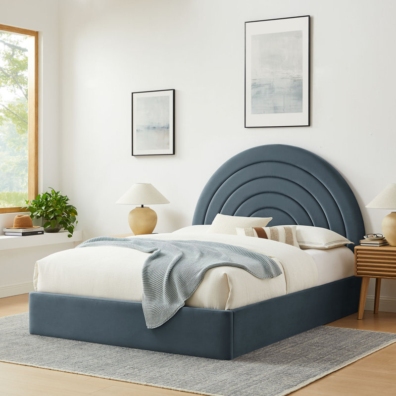 Solana Arched Performance Velvet Platform Bed, Full, Cadet Blue