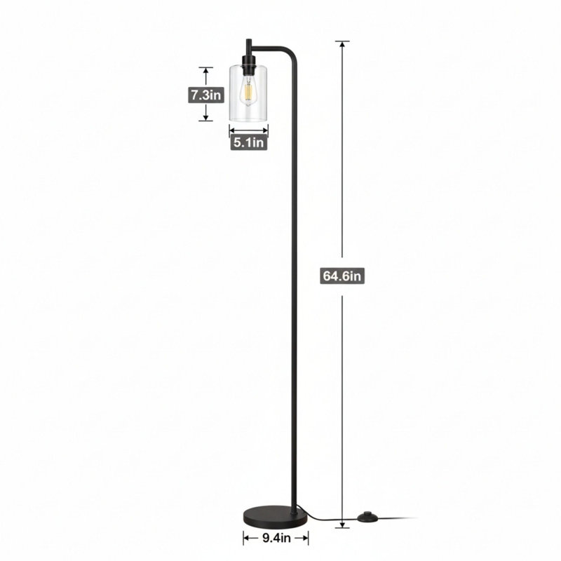Lampe sur pied industrielle avec abat-jour en verre - noir, ampoules DEL, pédale, facile à assembler