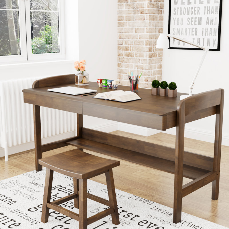 Solid Wood Desk with Drawers - Manual Adjustable Height Standing Computer Desk with Cable Hole, 31.7" H x 47.3'' W x 23.6'' D