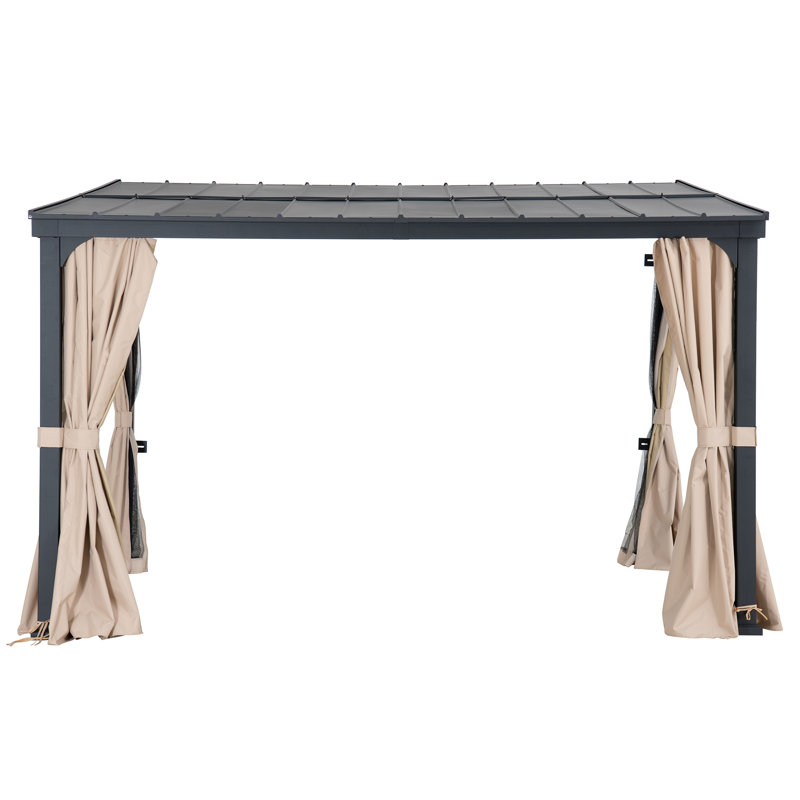 Sunjoy 12' x 14' Black Aluminum Wall-Mounted Gazebo with Curtains