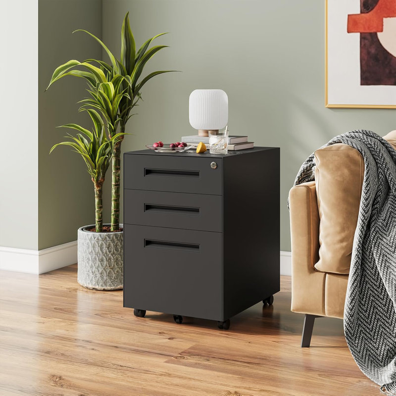 3 Drawer File Cabinet, Mobile File Cabinet with Lock on Wheels, Letter/Legal Size, Fully Assembled., Black