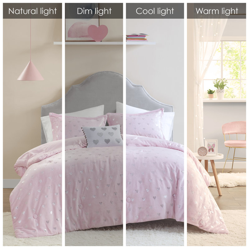 Pink Microfiber Full Kids Comforter Set with Metallic Hearts