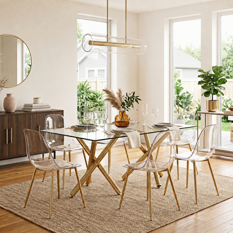 Modern Glam 71'' Glass Dining Set with 6 Acrylic Chairs and Gold Legs, 7 Pieces: Table, 6 Chairs