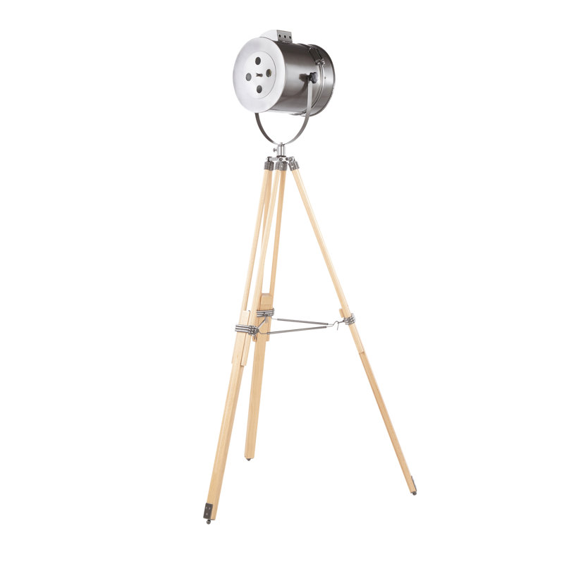 Lampe sur pied en bois naturel et métal antique