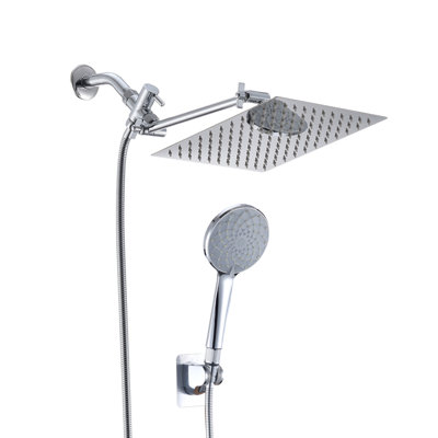Pomme de douche, pomme de douche à pluie haute pression de 10 pouces / combiné de douche à main avec bras d'extension de 11 pouces, pomme de douche anti-fuite réglable à 6 réglages avec support / tuyau, hauteur / angle réglable