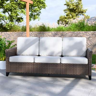 Outdoor Patio Multi-brown Wicker Rattan Spacious Seating 3-Seat Sofa with Cushions