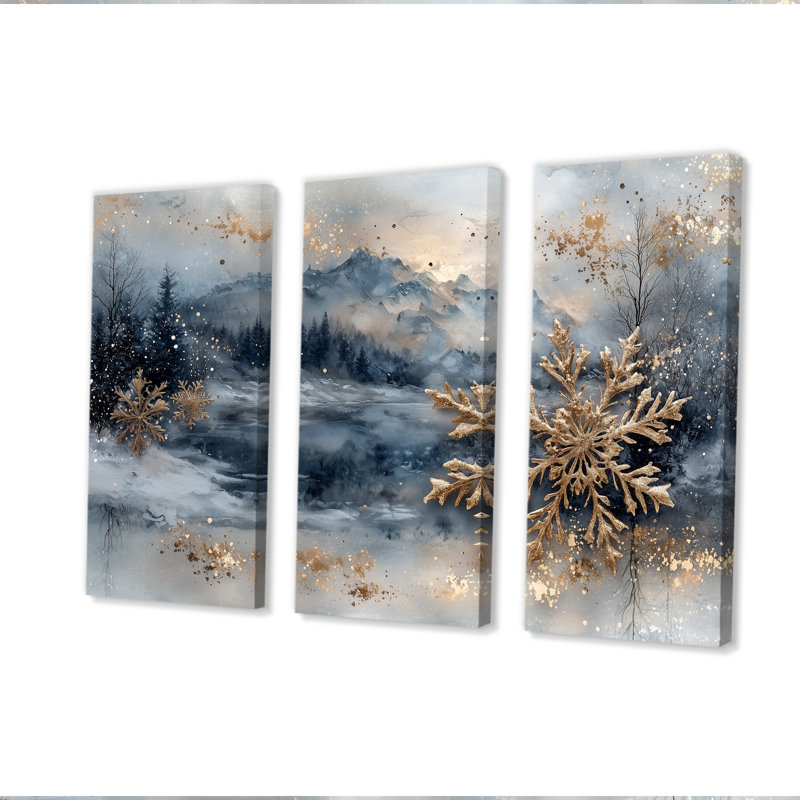 Gold Christmas Snowflakes I - Ensemble de décorations murales de Noël, Toile tendue, H 32 po x l 48 po x P 1 po
