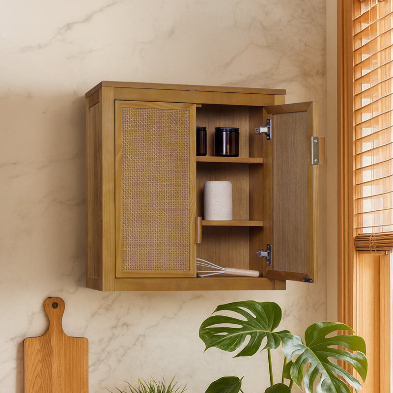 Modern Boho Over-the-Toilet Storage Wall Cabinet with 2 Rattan Inlay Doors, Adjustable Shelves & Solid Wood, Natural