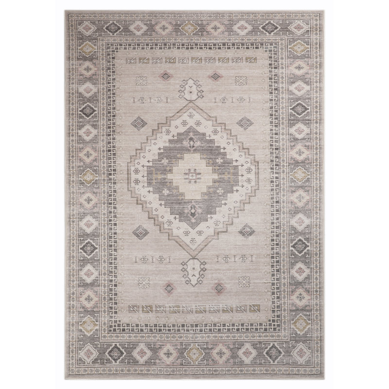 Tapis lavable en mélange de coton naturel, rosé, doré, noir, gris anthracite et beige Areleen, Rectangle de 5 pi x 8 pi