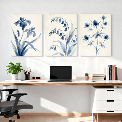 Ensemble de 3 tableaux muraux botaniques floraux bleus sur toile tendue, pour salon, chambre et décoration intérieure.