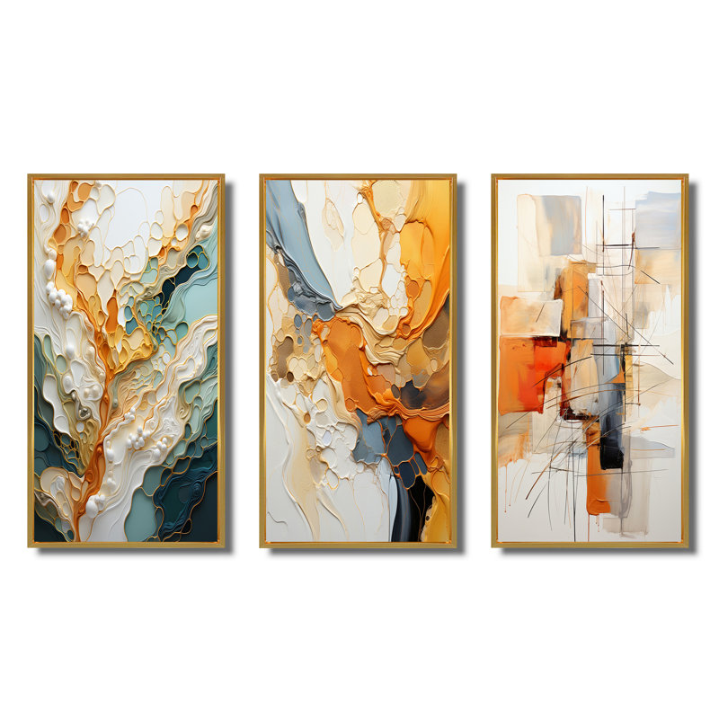 Orange White Line Art Abstraction on Canvas, 20" H x 36" W, Gold Floater Framed