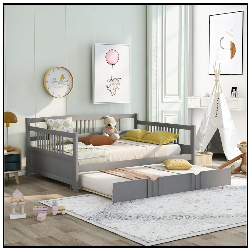 Full Size Daybed Wood Bed With Twin Trundle, Space-Saving And Multi-Functional Design For Modern Living, Gray