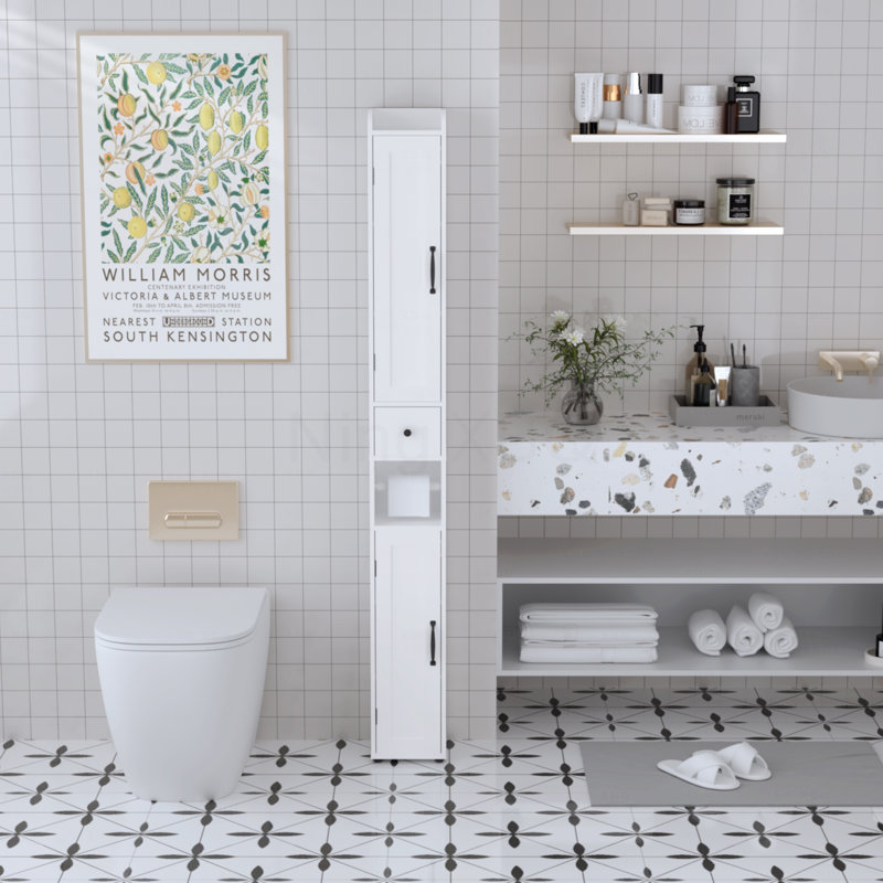 Armoire de rangement pour salle de bain de 67,51 po de hauteur avec tablettes réglables, armoire autoportante mince à 2 portes avec anti-basculement et compartiments ouverts