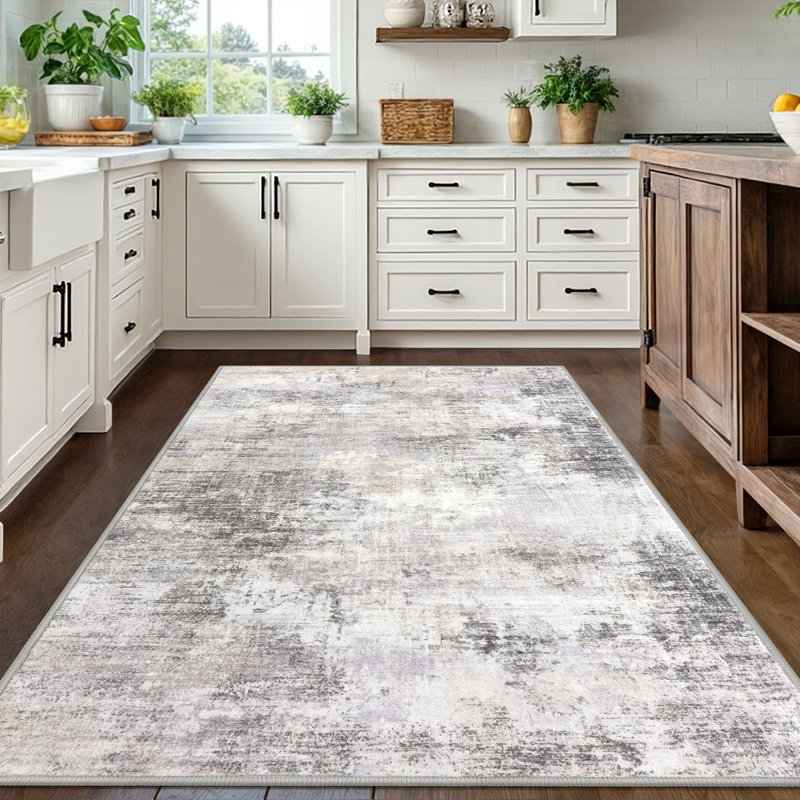 Tapis de chambre antidérapants lavables avec envers en caoutchouc, Ash Grey/Beige, Rectangle 5 pi x 7 pi