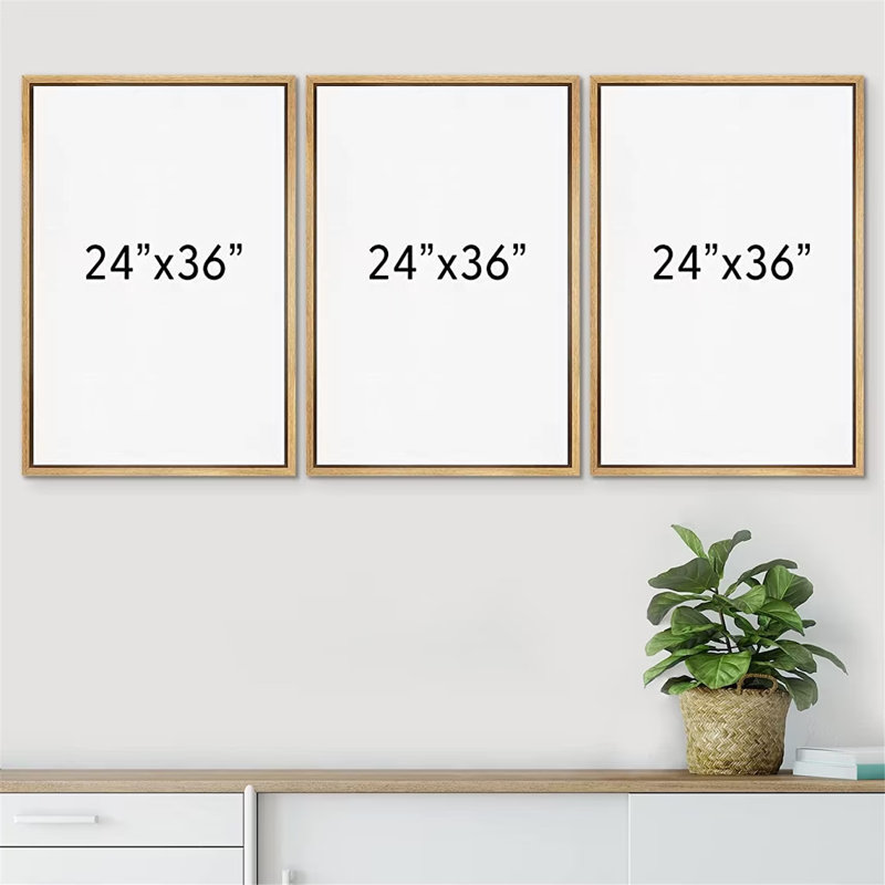 Minimal Landscape " Pastel Watercolor Cloudy Sky Gray Abstract Landscape " 3 - Pieces, 36" H x 72" W, Natural Floater Framed