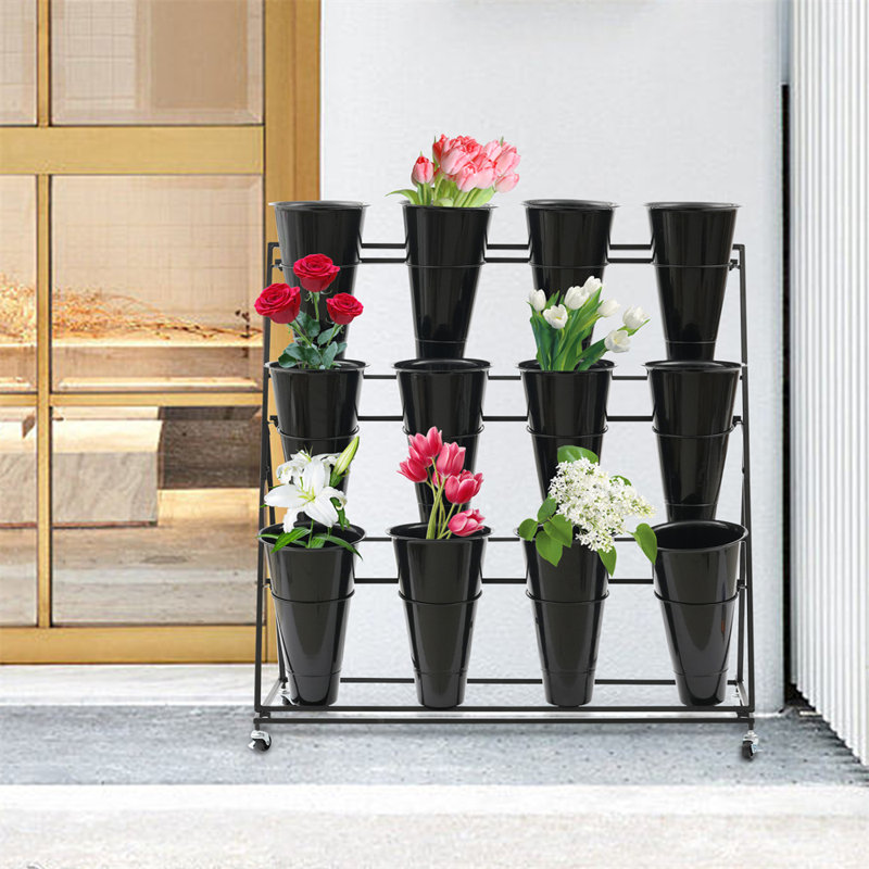 Présentoir à fleurs Mushkan avec 12 seaux, 3 couches de métal avec roues, Noir