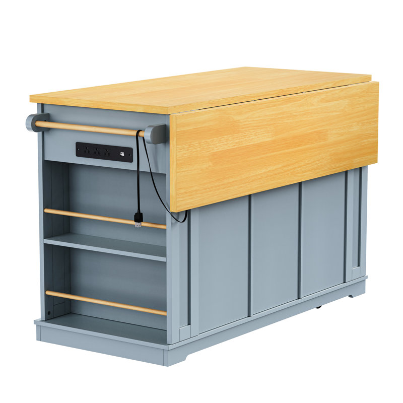 Îlot de cuisine 53 pouces avec 2 options de sièges, adaptateur de prise de courant, tablette de rangement interne, abattant, 3 tiroirs, 5 ouvert, gris-bleu