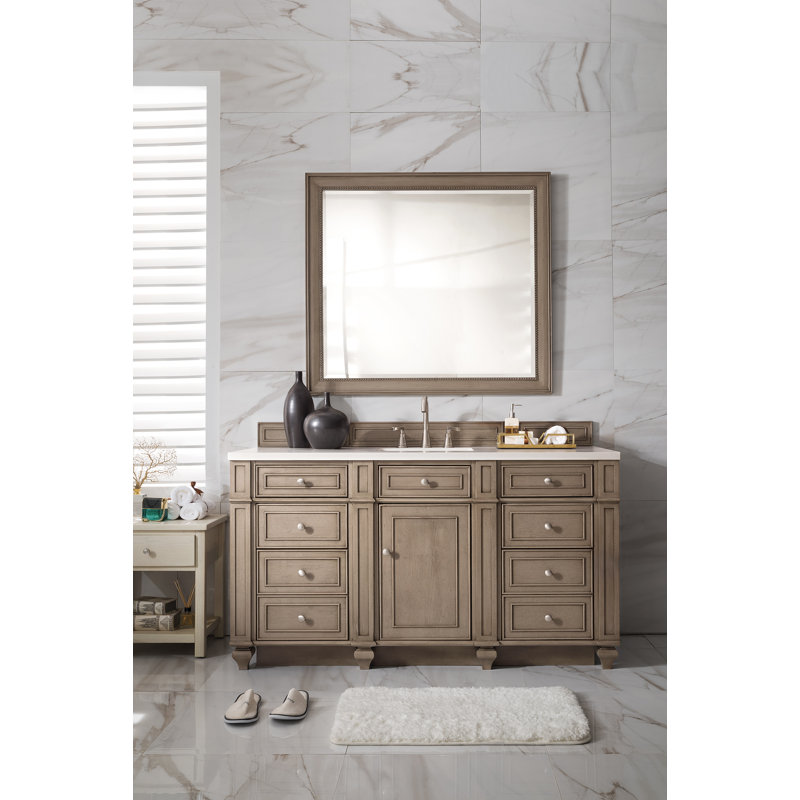 Bristol 60'' W Single Vanity, Whitewashed Walnut, White Zeus, 8" Widespread