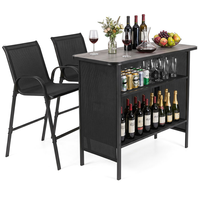 Ensemble de 3 tables d'extérieur à hauteur de bar et fauteuils avec repose-pieds à 2 niveaux brun, Noir