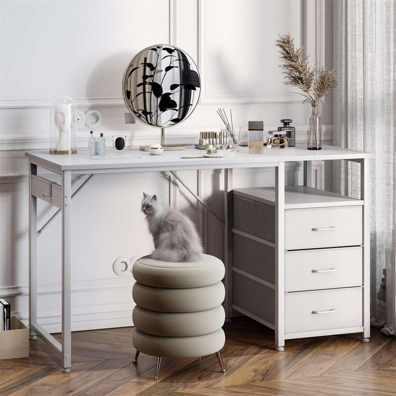 Metal Base Computer Desk with Power Outlet, White