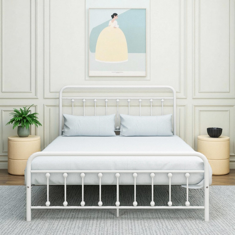 Structure de lit en métal de 83,54 po pour grand lit - fabrication en acier robuste, Blanc