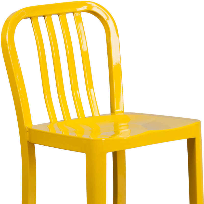 Commercial Grade Metal Indoor-Outdoor Stool with Vertical Slat Back, Yellow, Counter Stool (61cm Seat Height)