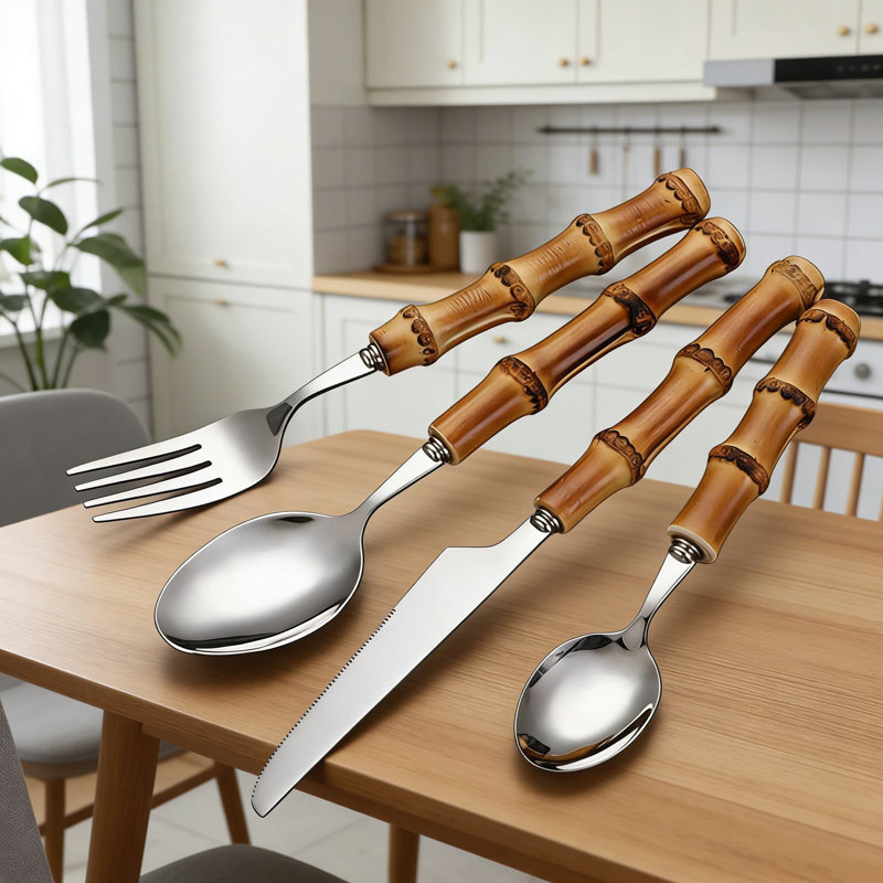 Ensemble de couverts en acier inoxydable avec poignées en bambou de qualité supérieure - Vaisselle de cuisine durable, résistante à la rouille et lavable au lave-vaisselle