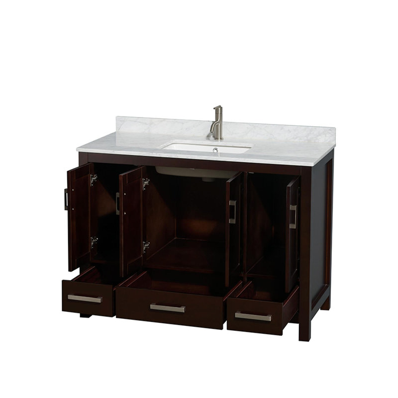 Meuble-lavabo simple autoportant avec plateau en marbre Sheffield, Espresso, Marbre blanc Carrera