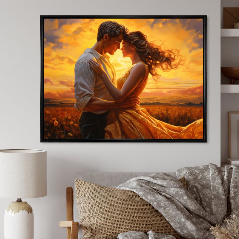 Kayzlyn, Couple romantique, paysage, Étreinte lumineuse II, H 16 po x l 32 po x P 1 po, Cadre flottant noir