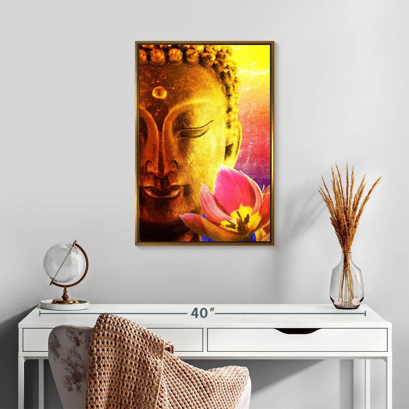Superbe Bouddha, Cadre flottant doré, 17 po x 25 po