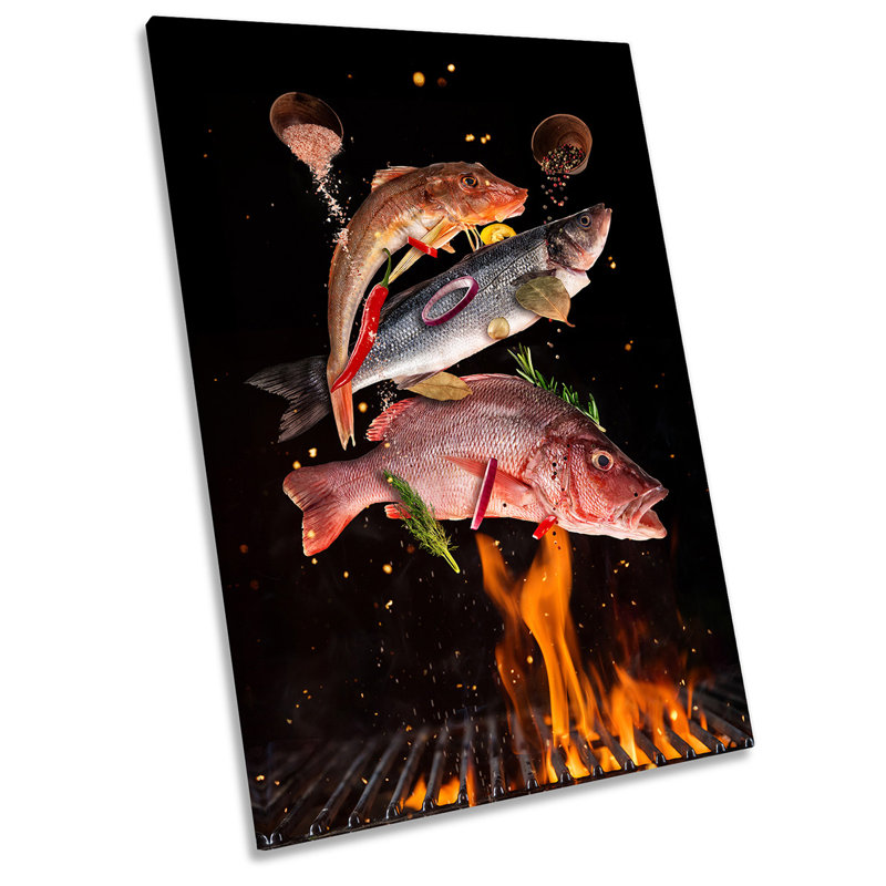 BBQ Fish Flame Grilled Picture - Wrapped Canvas Art Prints, 45.7" H x 30.5" W x 2" D