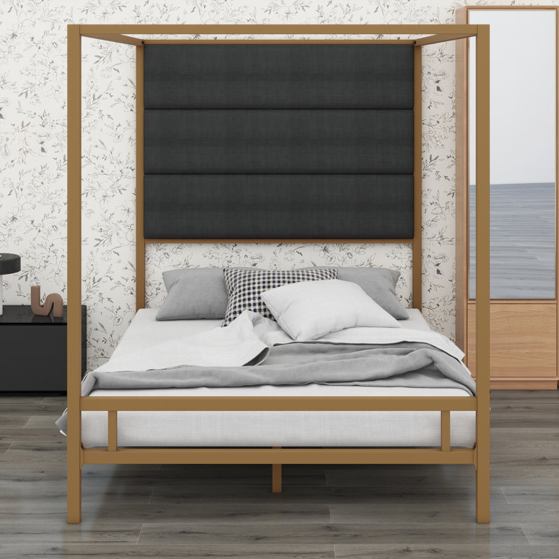 Contemporary Metal Four-Poster Bed Set Featuring Linen Upholstered Headboard, Queen, Dark Gray,Gold