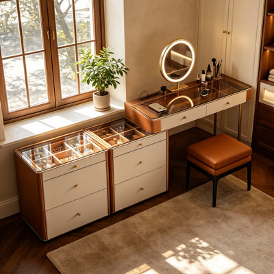 Coiffeuse moderne haut de gamme, finition similicuir grainé, meuble en panneaux multicouches de bois massif, 5 tiroirs, miroir DEL ; montage très facile