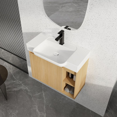 Meuble-lavabo mural 28 po avec lavabo en céramique blanche et porte à fermeture en douceur, emballage KD, chêne clair