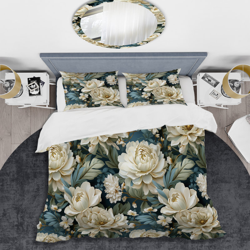 Ensemble de housse de couette floral en polyester microfibre beige et vert, Housse de couette pour grand lit et 2 taies décor