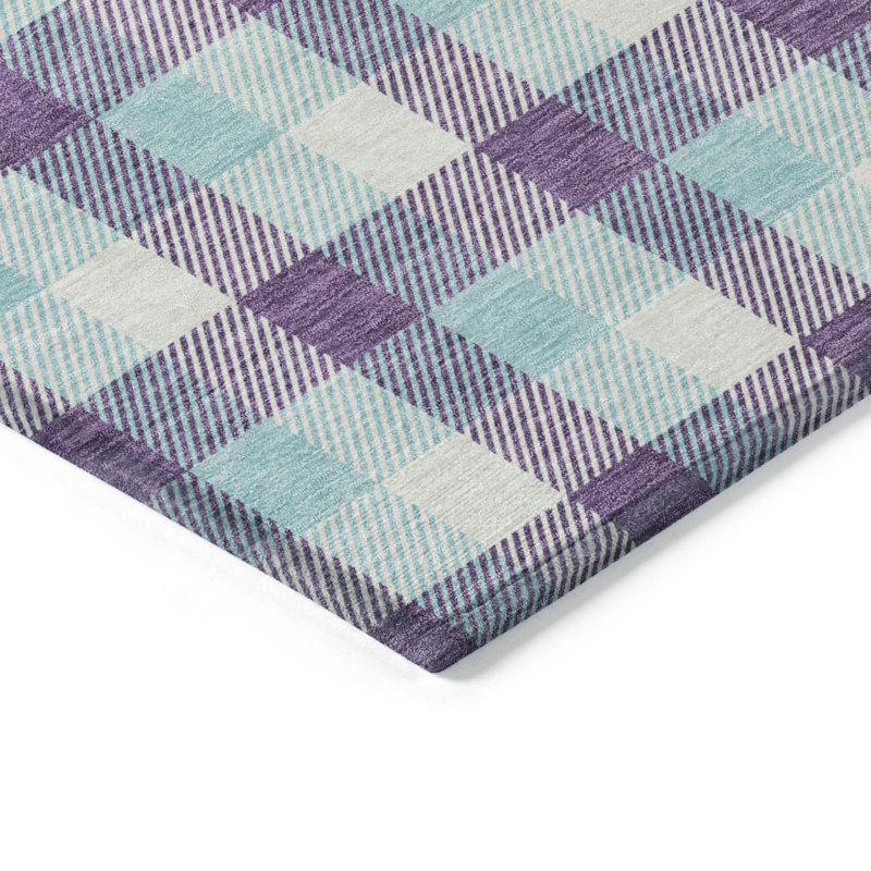 Purple and Aqua Plaid Washable Synthetic Area Rug