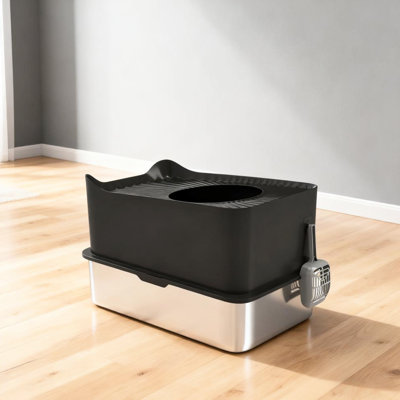 Cat Litter Box With Enclosed Top Entry, Hygienic Stainless Steel Tray, , Non - Slip Pads, 17.2 Gallon For 20 Lb Cats, Black Abs And Steel, 23.6" L X 15.7" W 15" H, Easy Waste Removal Entrance, Cats