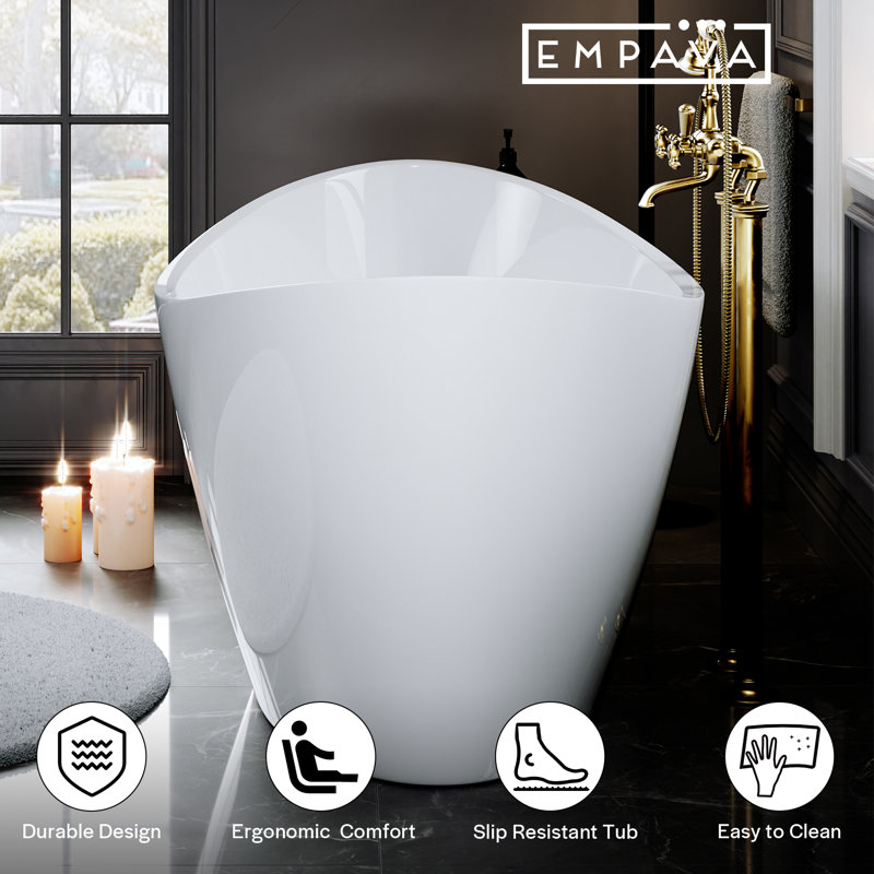 Empava 67 In. X 29.5 In. Freestanding Flat Bottom Bath Tub Oval Soaking Bathtub With Center Drain In White