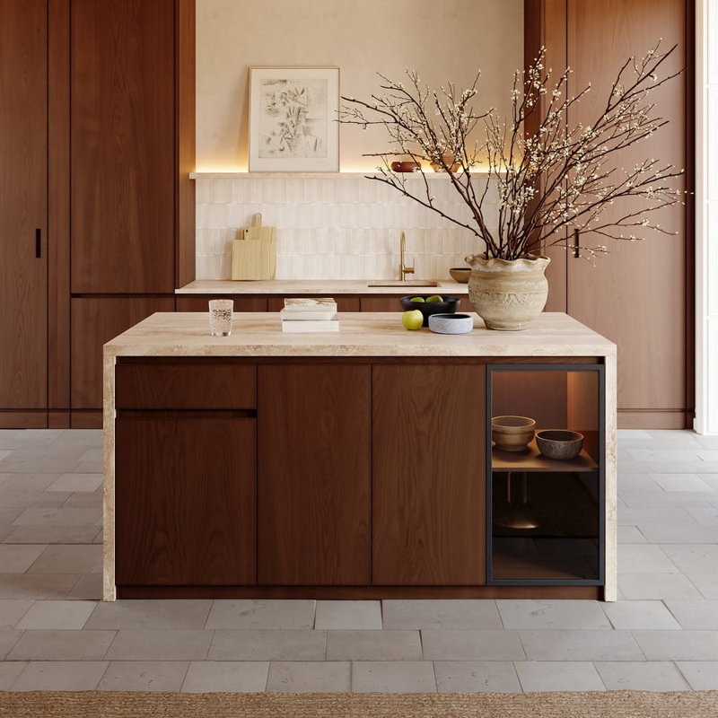 Îlot de cuisine moderne de 183 cm avec rangement et éclairage DEL, table d'îlot en travertin mat avec bord en cascade