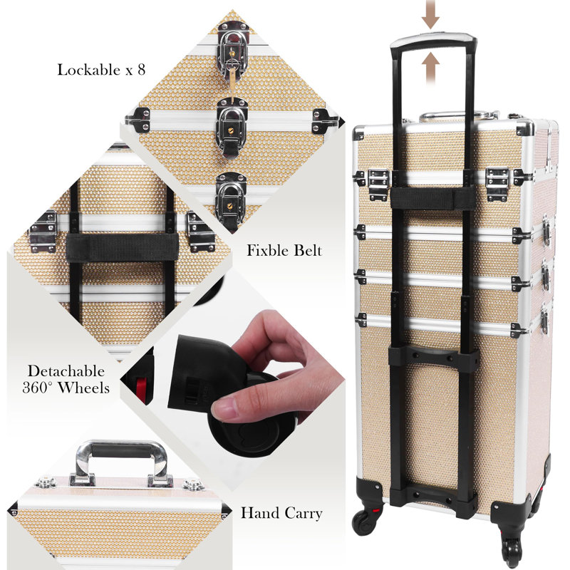 Stylish Rolling Makeup Case With Wheels, 5-In-1 Transformable Cosmetic Trolley With Crystals