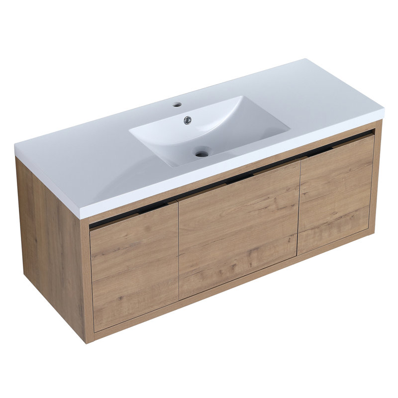 Armoire de salle de bain à fixation flottante 48 po avec lavabo en résine, Brun clair