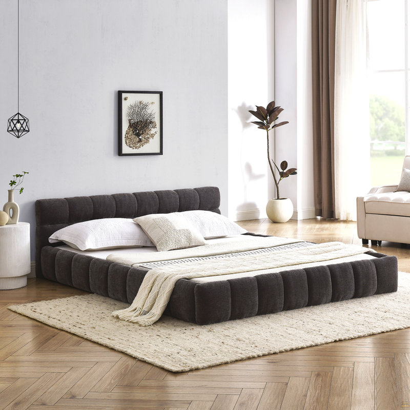Structure de lit tapissier grand format avec tissu épais, lit plateforme grand format en chenille avec tête de lit et structure solide