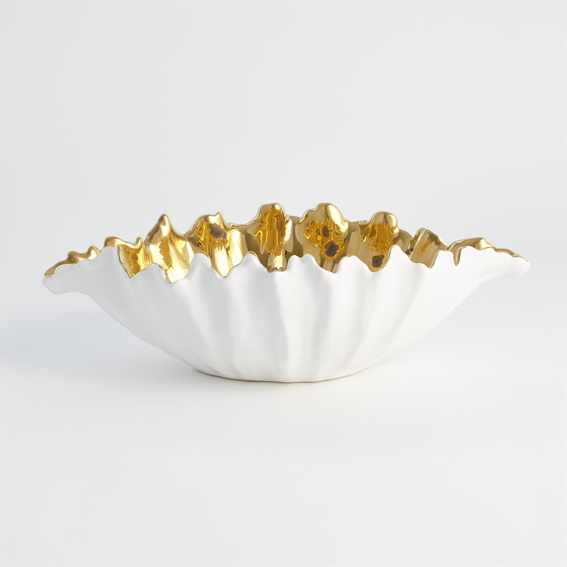 Organic Wave Oval Bowl-White-Lg, 5.75" H x 18.50" W x 10.50" D, White/Gold