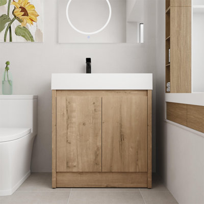 Meuble-lavabo autoportant simple 30 po avec plateau en résine et tablette Kiamesha