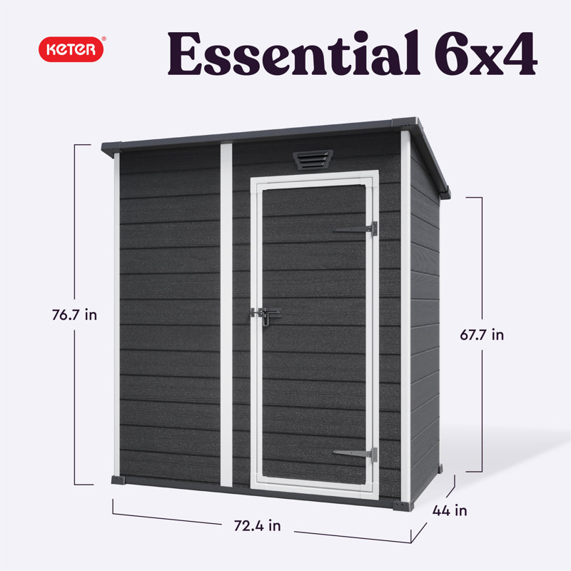 Keter Essential 6 x 4 ft. Durable Resin Outdoor Storage Shed With Floor and Double Doors for Garden Patio Furniture and Tools, Black