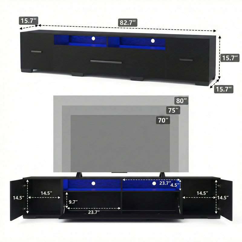 Console de divertissement noire moderne avec armoires de rangement, avec une bande lumineuse à DEL RVB complète avec 31 modes, contrôlable par télécommande ou par application. Comprend la gestion de l'alimentation intégrée et est conçu pour les téléviseurs de jusqu'à 80 pouces.