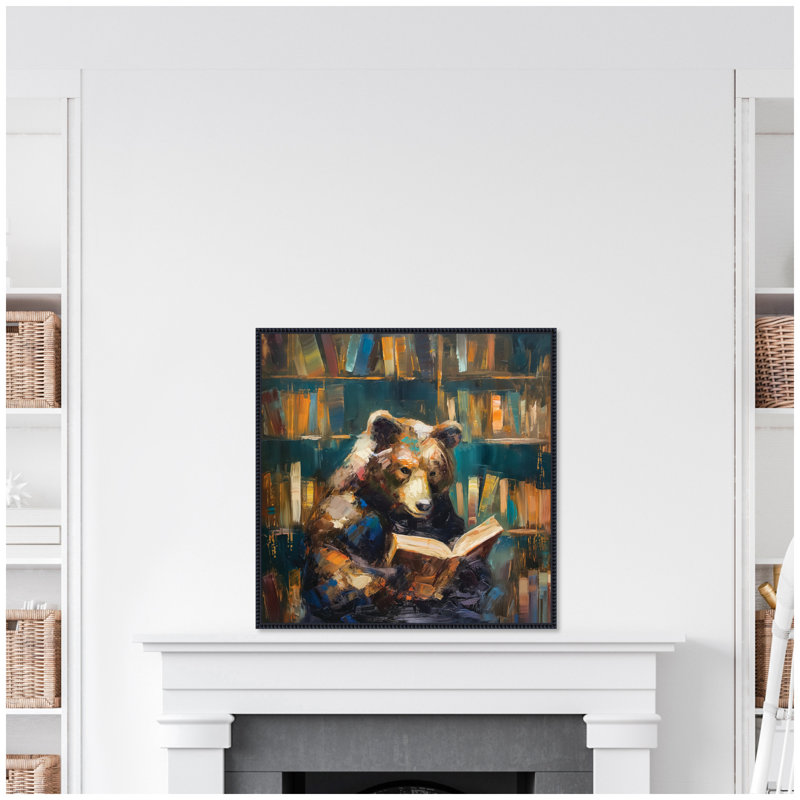 Reproduction d'art sur toile encadrée, "Traditional Bear Reading in Library" par The Creative Bunch Studio, Noir