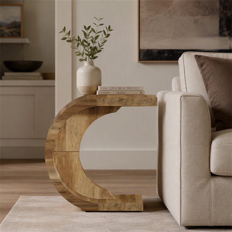 Table de bout en C, table d'appoint en bois, Rustic Brown, Rustic Brown, Rustic Brown