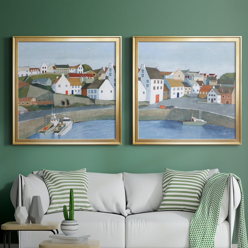Ensemble de 2 cadres photo Old Coast Town I Old Coast Town I, H 30,5 po x l 61 po x P 1,5 po, Toile encadrée d'or